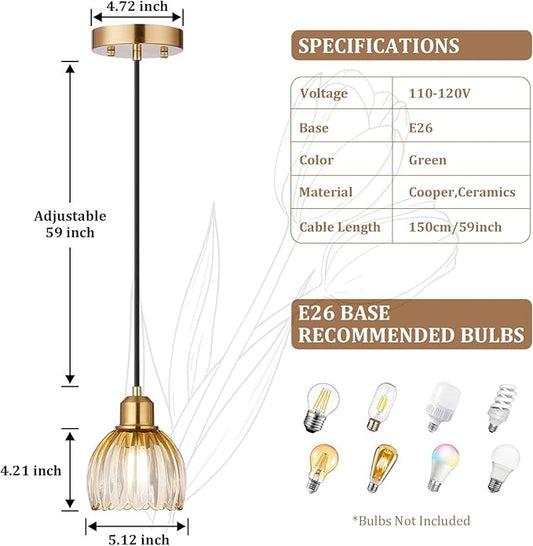 TALOYA Pendant Light with Amber Tulip Glass Lampshade, Brass Vintage Pendant Light Adjustable Hanging Light for Kitchen Island Bedroom Dining Room Hallway& Bar