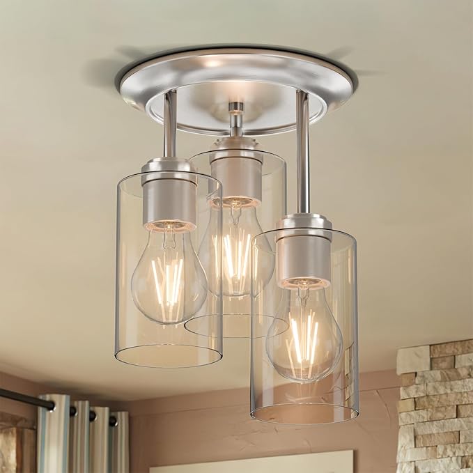 Kalium 3-Lights Semi Flush Mount Ceiling Light Fixture, Farmhouse Light Fixtures, Ceiling Light Decor for Kitchen, Foyer, Entryway, Brushed Nickel with Clear Glass Shade.
