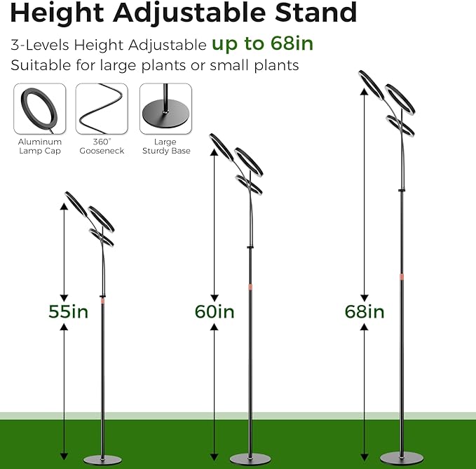 Grow Lights for Indoor Plants with Timer, Three-Heads 63 Inch Vertical Grow Light Full Spectrum 216 LEDs 48W 3/6/12H Auto On/Off 3 Light Modes 10-Level Dimmable Gooseneck Standing Plant Lamp