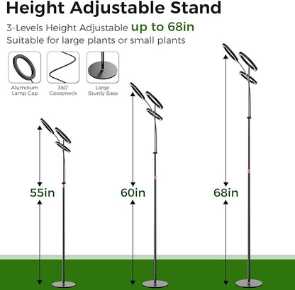 Grow Lights for Indoor Plants with Timer, Three-Heads 63 Inch Vertical Grow Light Full Spectrum 216 LEDs 48W 3/6/12H Auto On/Off 3 Light Modes 10-Level Dimmable Gooseneck Standing Plant Lamp