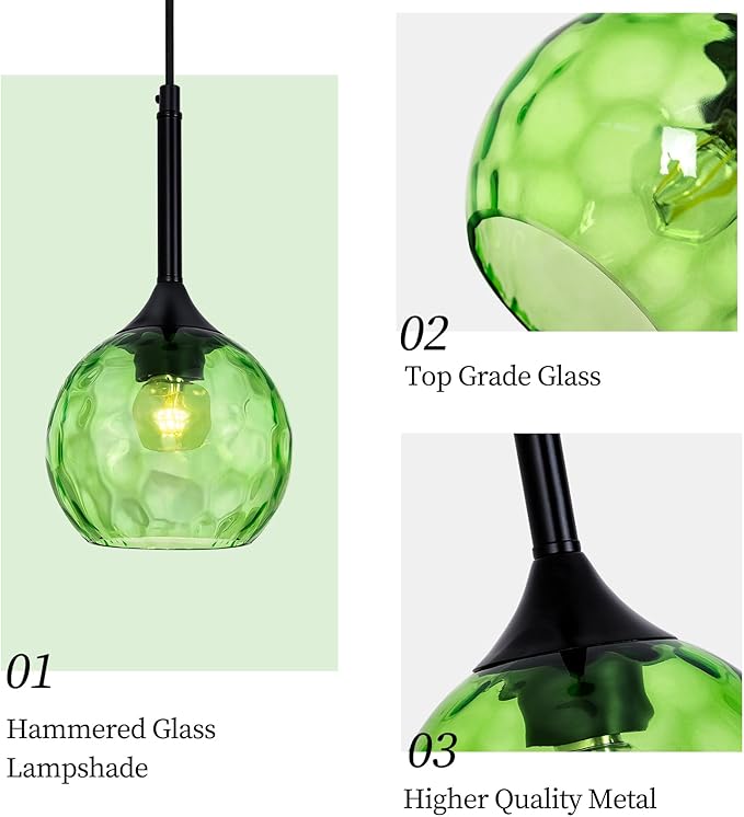Glass Pendant Lights Kitchen Island: 5.91'' 1-Light Green Hammered Glass Pendant Light with Black Finish - Modern Minimalist Hanging Light Fixture for Kitchen Sink Dining Room - E26 Base