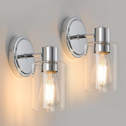 2 Light Bathroom Wall Sconce Light Fixtures with Clear Glass Bathroom Wall Lights Over Mirror Vanity Lights Chrome with E26 Base