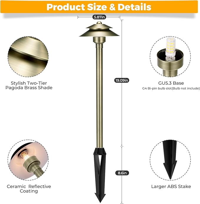 Gardencoin Solid Brass Low Voltage Landscape Pathway Lights (6'' Shade, 19'' Tall), 12V LED Heavy Duty Path Lighting Outdoor Wired, Waterproof Antique Bronze Walkway Light Without G4 Bulb,12 Pack