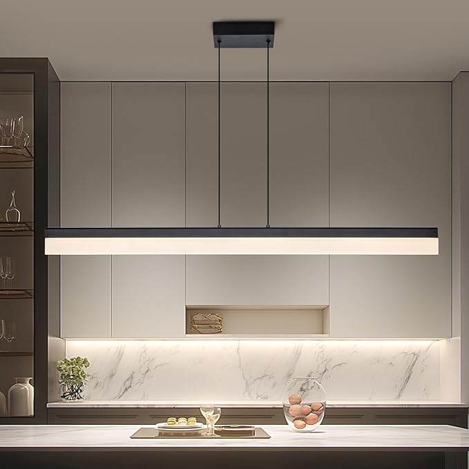 Black Wood LED Kitchen Island Lighting, 39 Inch LED Linear Pendant Light, Dimmable Ceiling Hanging Chandeliers for Dining Room Living Room Bar Pool Table 24W, Modern Farmhouse Fixture, 4000K