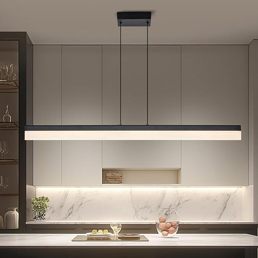 Black Wood LED Kitchen Island Lighting, 39 Inch LED Linear Pendant Light, Dimmable Ceiling Hanging Chandeliers for Dining Room Living Room Bar Pool Table 24W, Modern Farmhouse Fixture, 4000K