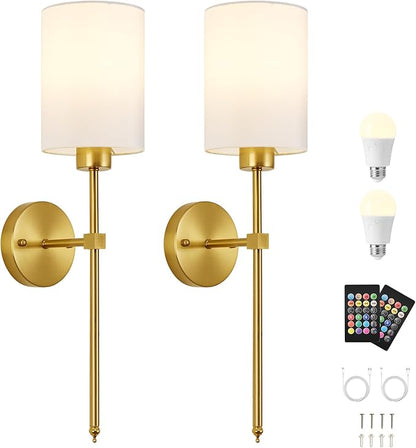 Battery Operated Wall Sconce Set of Two,Wireless Rechargeable Wall Light With Remote Control, Dimmable, 1800K/3000K/4000K/6000K/RGB, Timer, for Living Room, Bedroom, Fireplace, TV, 26.8 Inch, Gold