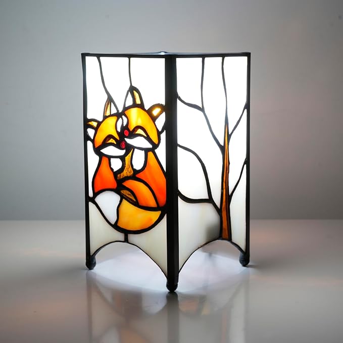 Tiffany Lamp Orange Stained Glass Table Lamp Small Foxes Animal Night Light Mini Retro Bedside Table Light for Home Decor Boys Girls Christmas Halloween Gifts