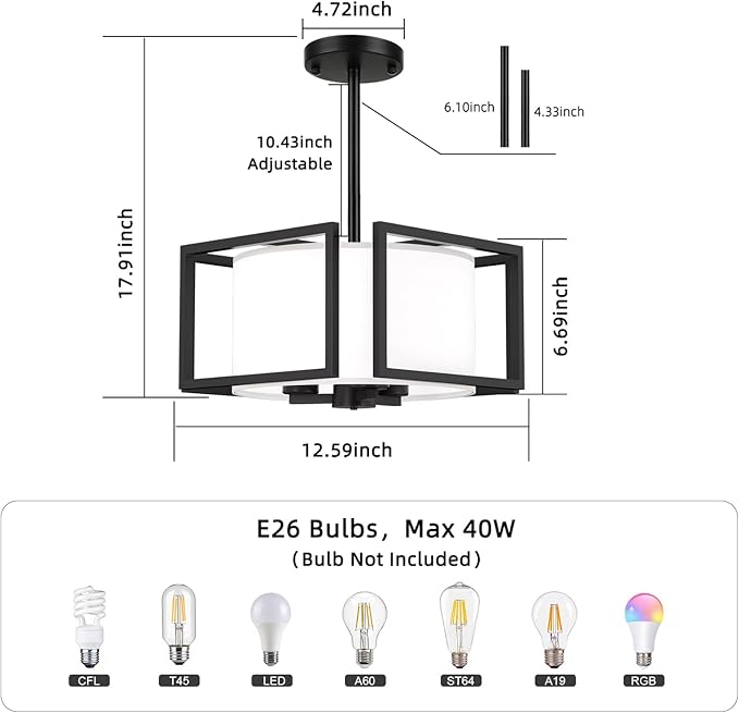 FRIDEKO HOME Flush Mount Ceiling Light Fixture - 3-Light Modern Semi Flush Mount Ceiling Light with Fabric Shade Black Metal Frame Drum Ceiling Lights for Bedroom Hallway Kitchen Living Room Entryway