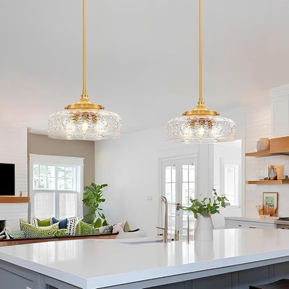 3-Light Adjustable Pendant Lights Kitchen Island, Gold Brushed Metal & Clear Glass Ceiling Pendant Light, Vintage Brass Drop Lights for Bathroom, Hallway, Convertible Ceiling Mount Or Hanging Fixture