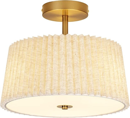 13 Inch Linen Pleated Semi Flush Mount Ceiling Light Fixture, Modern Cone Drum Dimmable Lamp for Bedroom, Kitchen, Dining Room, Hallway, Nursery, Entryway, Foyer Lighting, Gold