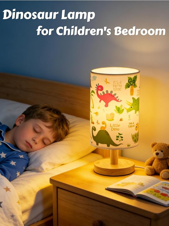 Dinosaur Lamp, Dinosaur Room Decor for Kids Bedroom, 3 Color Dimmable Reading Bedside/Desk Nightlight with Linen Shade and Wood Base for Bedroom Living Room, Practical Gifts for Dino Fans Boys
