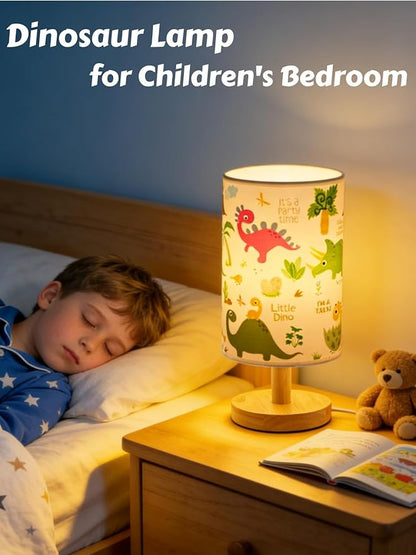 Dinosaur Lamp, Dinosaur Room Decor for Kids Bedroom, 3 Color Dimmable Reading Bedside/Desk Nightlight with Linen Shade and Wood Base for Bedroom Living Room, Practical Gifts for Dino Fans Boys