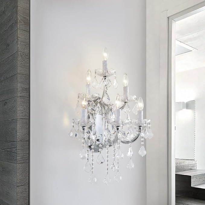 Large Modern Crystal Wall Lamp - 6 Lights Maria Theresa Wall Chandelier Light Fixtures, Chrome Wall Mounted Sconce for Hotel, Living Room, Hall, Lobby