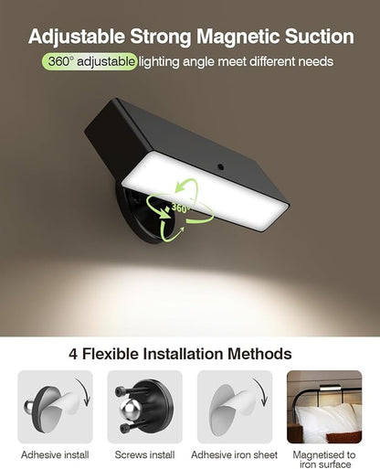 Magnetic Battery-Operated Wall Sconce Lights: USB Rechargeable Wall Mounted Lights with Remote, 3CCT LED Dimmable Wall Sconce, 360° Rotation Cordless Wall Lamp for Bedroom Living Room, Black 1Pack