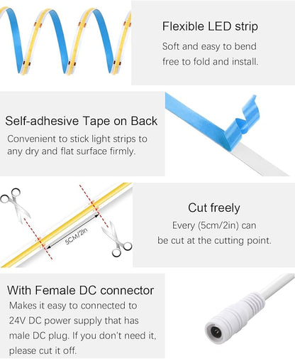 ALITOVE 32.8ft COB LED Lights for Bedroom with Remote Warm White 3000K Dimmable LED Strip Lights CRI90+ High Density 3200LEDs Flexible 24V LED Tape Light for Cabinet Home Indoor Lighting Decoration