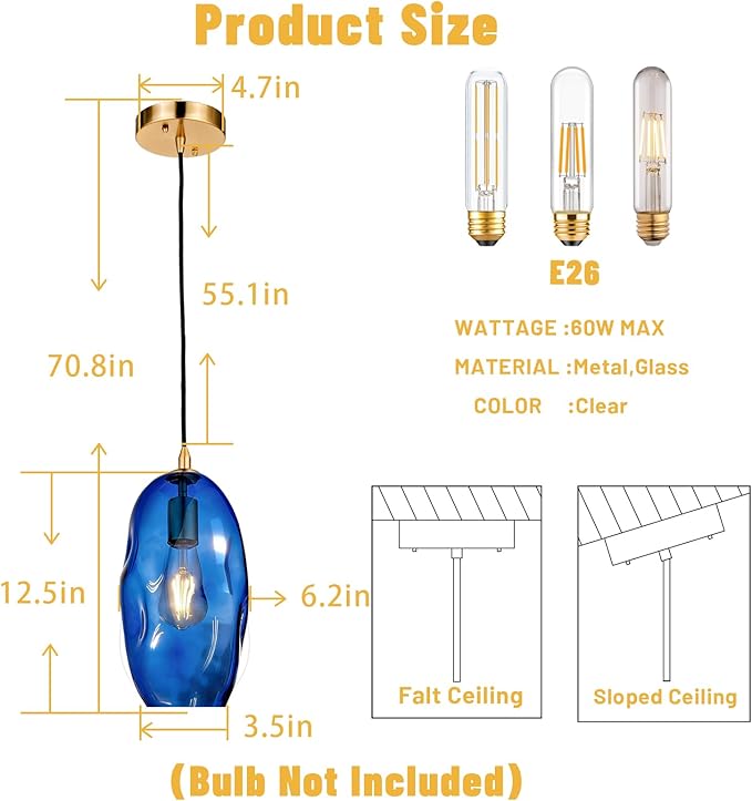 Blue Pendant Light Fixtures Adjustable 12.5'' Height Modern Kitchen Island Lighting Glass Organic Ceiling Hanging Light Fixtures for Bar, Counter, Patio, Over Sink, Dining Room,Table - Blue