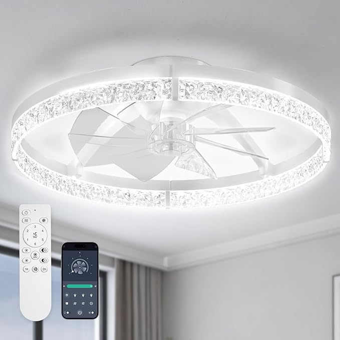 StarryEver Ceiling Fans with Lights and Remote, 24 Inch Modern Smart Ceiling Fan, 6 Speeds and 3000K-6500K Dimmable LED Fan Light, Low Profile Ceiling Fan for Bedroom, Living Room, Dining Room, White