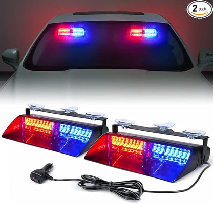 Xprite 2×11 inch High Intensity Red Blue 32 LED Emergency Strobe Dash Lights, Interior Windshield Flashing Police Light w/Suction Cups for Police Law Enforcement POV Vehicles Trucks