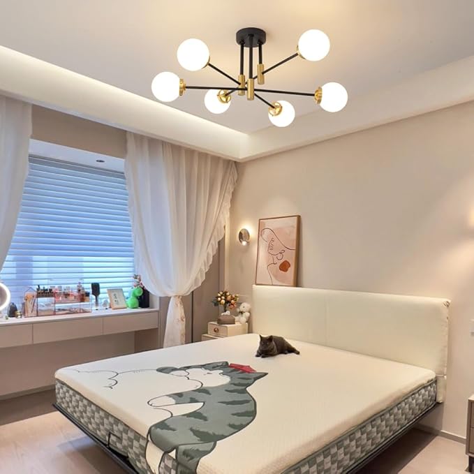 Biewalk Sputnik Ceiling Light Fixture 6 Light Sputnik Chandeliers, Black and Gold Chandelier Light Fixture with Milk White Glass Shade for Living Room Kitchen Bedroom Dining Room (E26 Bulb Excluded)