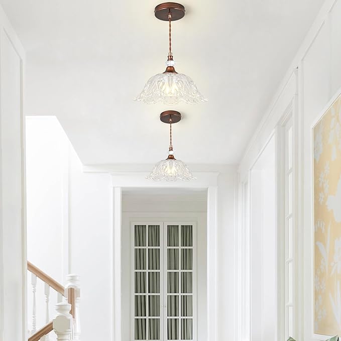 1 Piece Vintage Chandelier Light Fixtures with Crystal Glass Shade, Antique Red Bronze Finish Pendant Light for Kitchen Island, Hanging Light Fixture for Dining Room, Hallway, Living Room, Bedroom