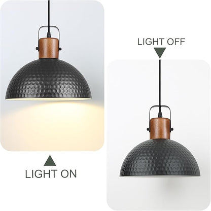 Black Pendant Light, 11.8" Hammered Metal Ceiling Hanging Light Fixture,Solid Wood Dome Pendant Lighting,Modern Industrial Chandelier for Kitchen Island, Dining Table, Restaurant, Farmhouse, Hallway