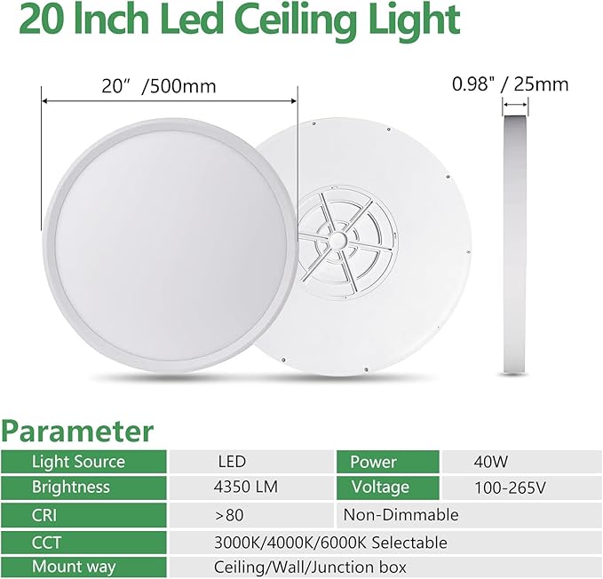 20 Inch Large LED Flush Mount Ceiling Light, 40W,4350LM, 3000K/4000K/6000K CCT Selectable,White Round Flat Panel Light Low Profile Ceiling Light Fitures for Hallway, Kitchen, Bedroom, Laundry(2PK)
