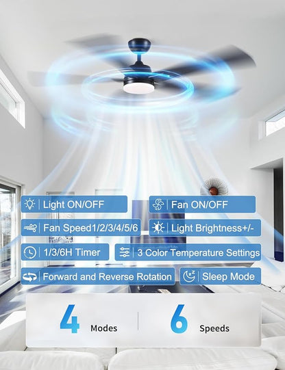 Rayqueen 60 Inch Ceiling Fans with Lights and Remote, 6 Speed Reversible DC Motor, 3CCT Dimmable LED, Black Modern Ceiling Fan for Bedroom, Living room & Covered Outdoor,Includes Downrod