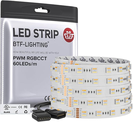 BTF-LIGHTING RGBCCT 5 Colors in 1 LED 5050SMD RGBWW RGB+Dimmable Tunable Color Temperature 2700K-6500K 16.4ft 60LEDs/m 300LEDs DC24V Multi-Colored Tape Lights IP30 White PCB(No Adapter or Controller)