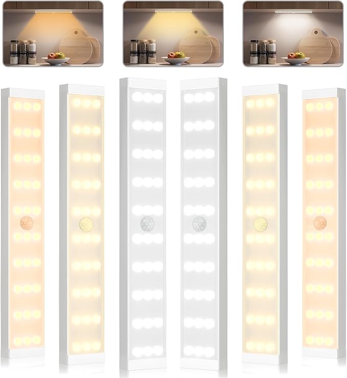 Under Cabinet Lighting, 6Pack Motion Sensor Light Indoor with 3 Color Temps, Dimmable Closet Lights, LED Magnetic Light, Rechargeable Under Counter Lights for Kitchen, Wardrobe, Hallway, Stairs