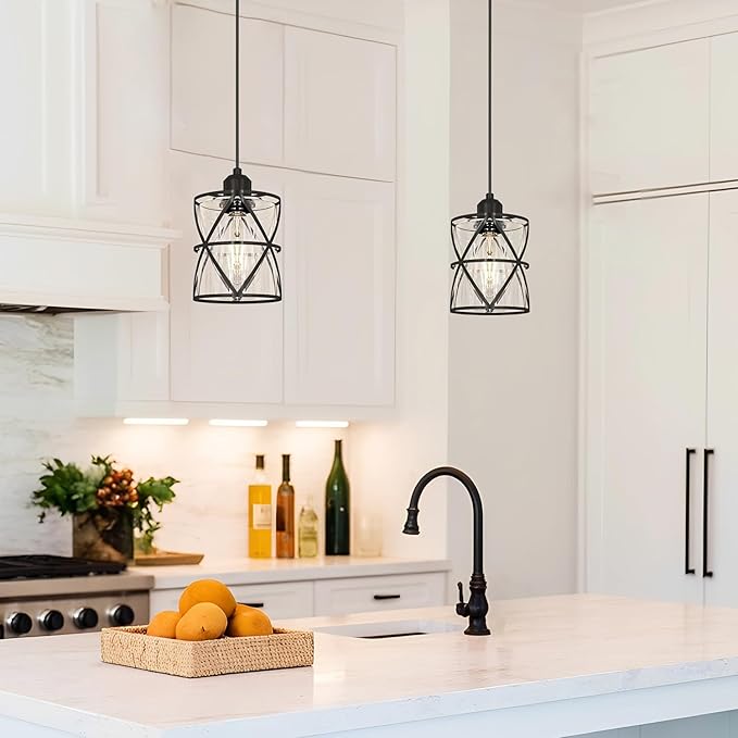 DSMJFU 2 Pack Black Pendant Lights, Modern Clear Glass Adjustable Hanging Lighting for Kitchen Island Bedroom Bathroom Entryway Hallway, E26 Base Ceiling Pendant Light Fixtures
