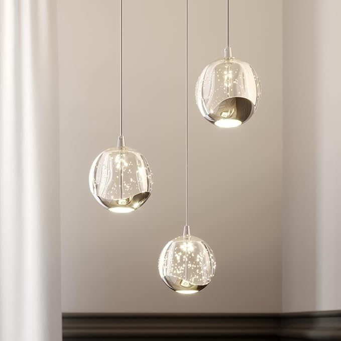 3-Light Chrome Globe Chandelier, Modern Bubble Glass Cluster Pendant Lights for Kitchen Island & Dining Room Light Fixture & Foyer Chandelier, Warm White 3000K, LED 1175 lm, Ø 9.8 in