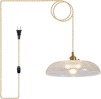 Hanging Light with Plug in Cord,11.8 Inch Plug in Pendant Light for Ceiling Glass Lampshade 14Ft Hanging Lamp Plug in Adjustable Golden Cord On/Off Switch for Bedroom