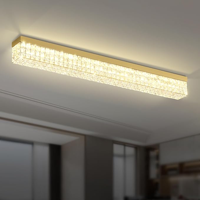 ykolupty L48 Rectangular Chandelier Flush Mount Rectangle Chandelier Modern K9 Crystal Chandeliers Light Fixture for Dining Room Bedroom Bar Gold Crystal Ceiling Lights