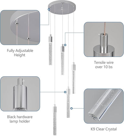 Modern Light Fixture Kitchen Island Pendant Light Dimmable LED Chrome Pendant Lights Mini Crystal Pendant Lighting for Bedroom Dining Room Living Room（5-Light ）