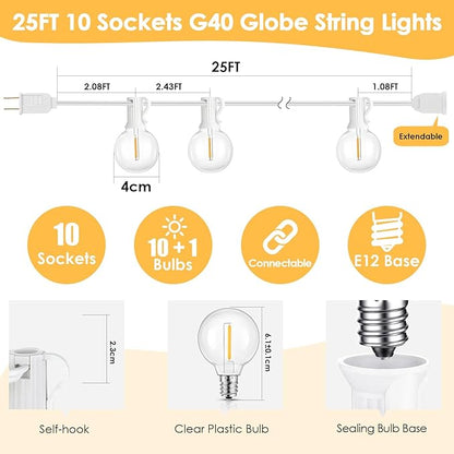 Mlambert 25FT G40 LED Outdoor String Lights, Plug-in Waterproof Patio Lights with 10 LED Bulbs (1 Spare), Porch Lights for Backyard Party Decor, White