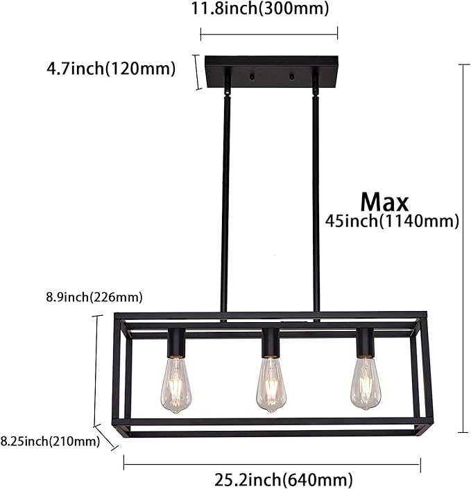 3 Lights Black Dining Room Chandelier Hanging Light Fixture Modern Kitchen Island Linear Lighting Farmhouse Chandelier for Bar Restaurant