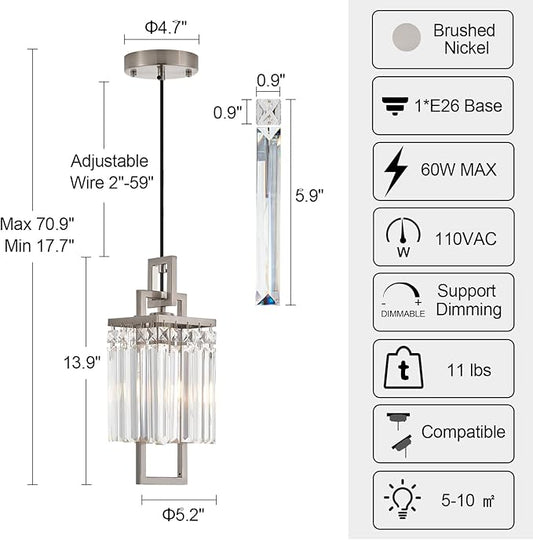 Modern Brushed Nickel Pendant Light Fixture for Kitchen Island and Dining Room, Industrial Small Hanging Crystal Chandelier Light Fixture for Bedroom Entryway Living room Foyer Hallway 1-Pack