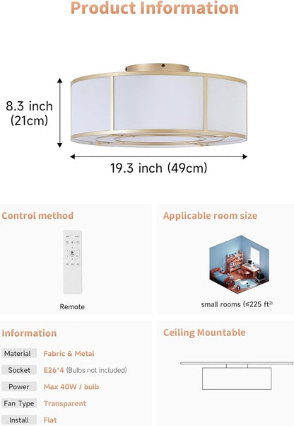 Low Profile Ceiling Fans with Lights, 20" Flush Mount Ceiling Fan with Light, Gold and White Boho Bladeless with 6 Speeds Remote Control for Bedroom, Nursery, Living Room