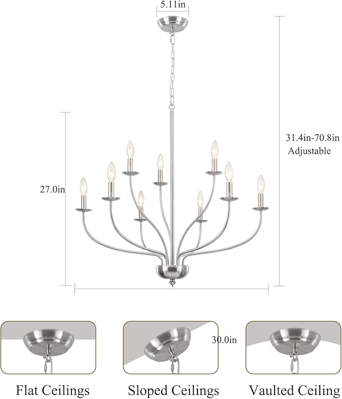 Brushed Nickel Chandelier, 9-Light Modern Farmhouse Chandelier for Dining Room Light Fixture, 2-Tier Industrial Hanging Country Candle Chandeliers for Living Room Foyer Bedroom Entryway Kitchen