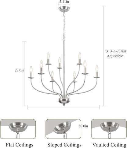 Brushed Nickel Chandelier, 9-Light Modern Farmhouse Chandelier for Dining Room Light Fixture, 2-Tier Industrial Hanging Country Candle Chandeliers for Living Room Foyer Bedroom Entryway Kitchen