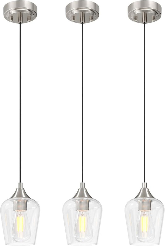 VONLUCE Pendant Lights Kitchen Island, Brushed Nickel Pendant Light Fixtures with E26 Base & Adjustable Cable, Modern Pendant Lighting with Glass Shade for Living Room Bedroom Hallway, 3 Packs