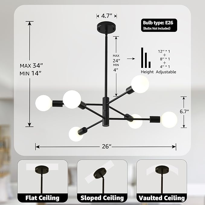 HHR Black Sputnik Ceiling Light, 6-Light Modern Chandelier with Adjustable Height, Mid Century Ceiling Lighting Fixture for Dining Room Kitchen Island Farmhouse