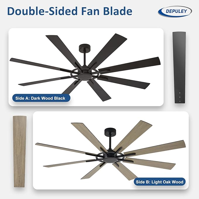 Ceiling Fan Without Light: 66 Inch Big Indoor Outdoor Fan with Remote APP Control - Black Wood Grain Large Ceiling Fan no Light 8 Blade Reversible Quiet DC Motor Memory Function Timer