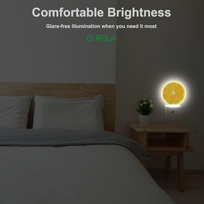 EKOBLA Plug-in Fresh Lemon Slice Night Light, Dusk to Dawn Sensor, Soft Warm LED Lighting, Cute Fruit Design Nightlight Decor for Bedroom Bathroom Hallway