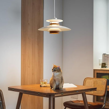 EFINEHOME Modern Decor Adjustable Pendant Lamp Kitchen Island, Aluminum and Wood Finish,1-Light E26 Base Ceiling Hanging Light for Dining Room Shop Restaurant (White+Dark Wood Grain, 35cm)