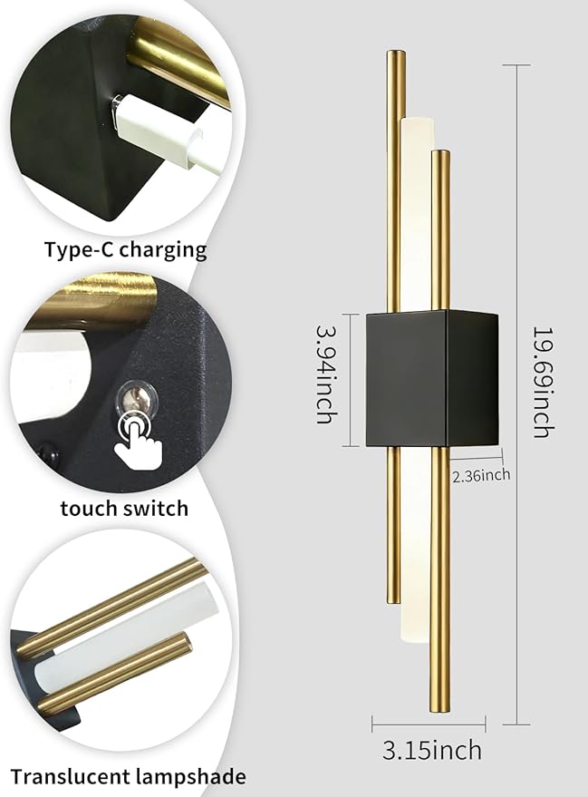 2 Pcs USB Rechargeable Wall Sconces, Wireless Cordless Wall Lamp with Dimmable Timer, No Wiring Needed Mounted Wall Light, Modern Decor Wall Sconce for Living Room, Bedroom, Study, Bathroom, Corridor