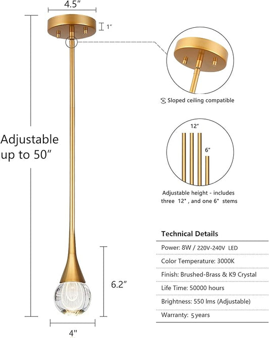 2-Pendant Lights Kitchen Island, Brass Gold Globe Crystal Ceiling Hanging Light Fxitures, LED Light Fixtures Metal Rod Ceiling Glass Pendant Lighting for Kitchen Island Dining Room Bar