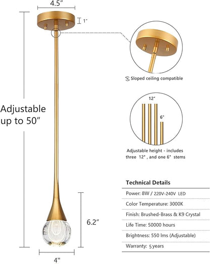 3-Pendant Lights Kitchen Island, Brass Gold Globe Crystal Ceiling Hanging Light Fxitures, LED Light Fixtures Metal Rod Ceiling Glass Pendant Lighting for Kitchen Island Dining Room Bar