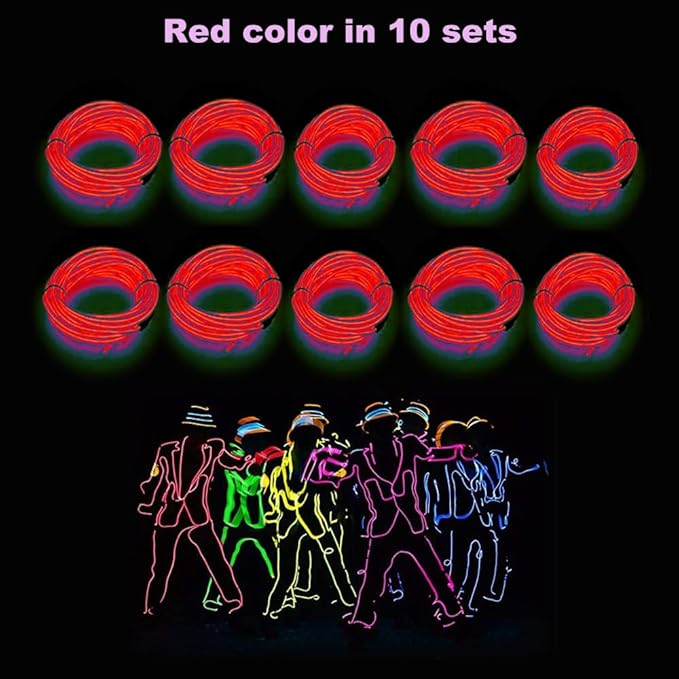 MaxLax EL Wire red 10-Pack, 16.4ft/5m Neon Light Wire with Noise Reduction and Battery Pack…