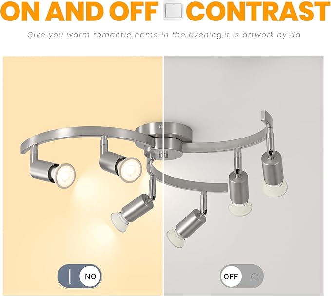 6 Light Track Lighting Fixtures Ceiling, Flexibly Rotatable Light Heads, Nickel Semi Flush Mount Ceiling Light for Kitchen Dining Room Living Room.Gu10 Bulb Base.
